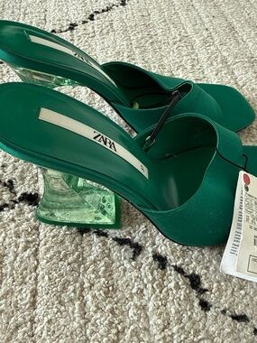 ZARA Emerald Green Satin Mules with Clear Sculpted Heel